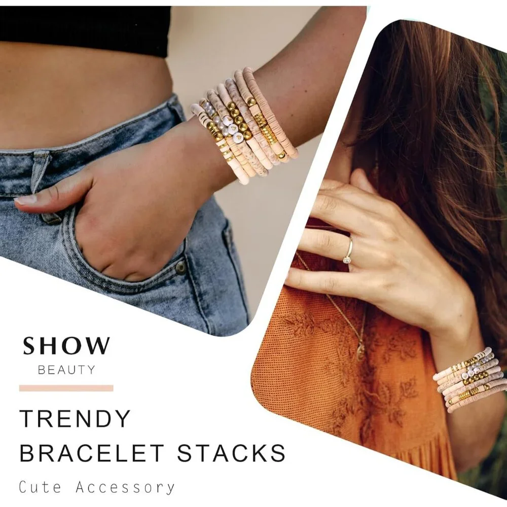 Friendship Bracelets Trendy Heishi Clay Bead Bracelets Stack Gold Beaded Stretch - Picture 5 of 7